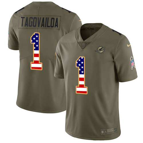 Miami Dolphins #1 Tua Tagovailoa Olive USA Flag Men Stitched NFL Limited 2017 Salute To Service Jersey->miami dolphins->NFL Jersey